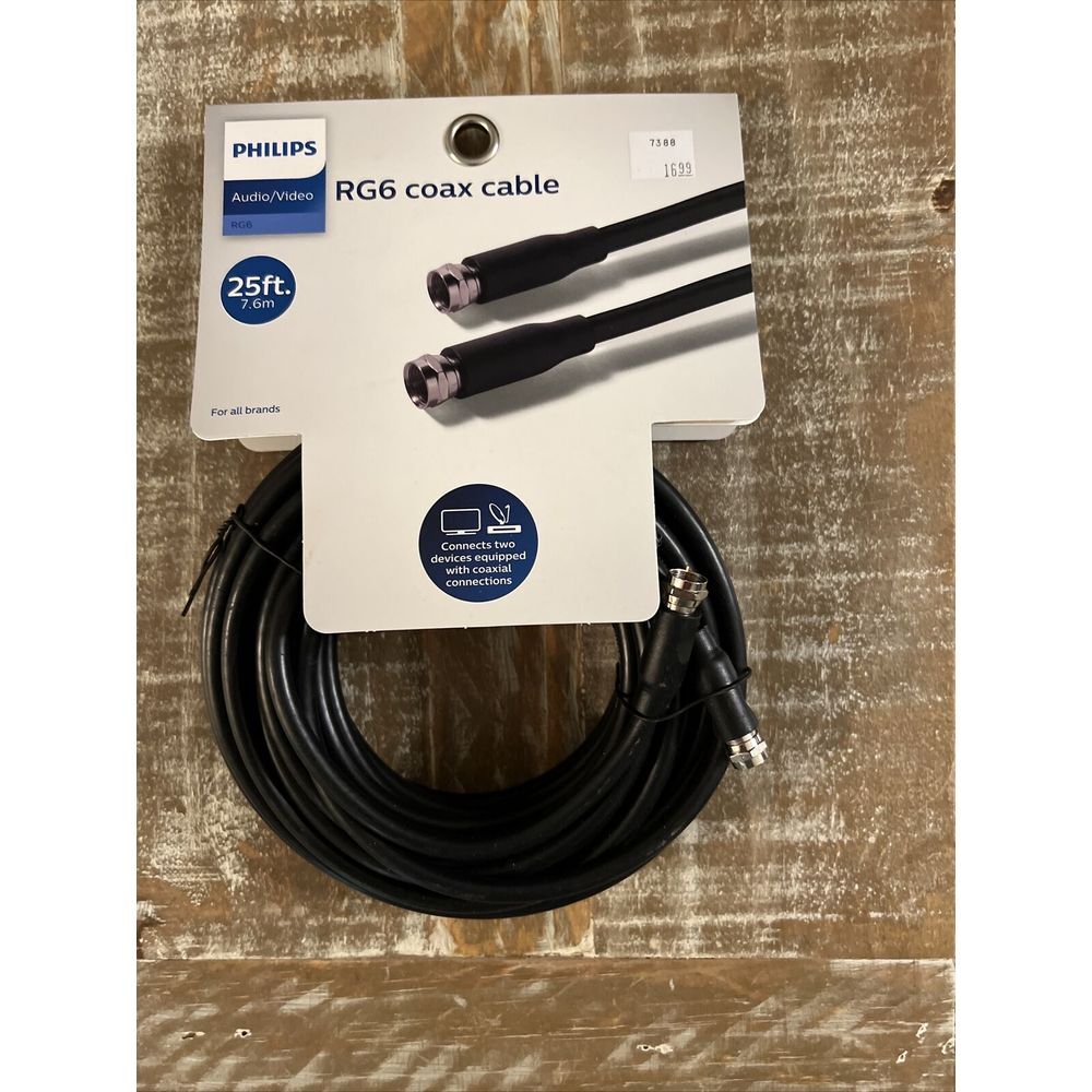 Philips 25 ft (7.6 m) Audio/Video RG6 Coax Cable - Universal - Black - Brand New